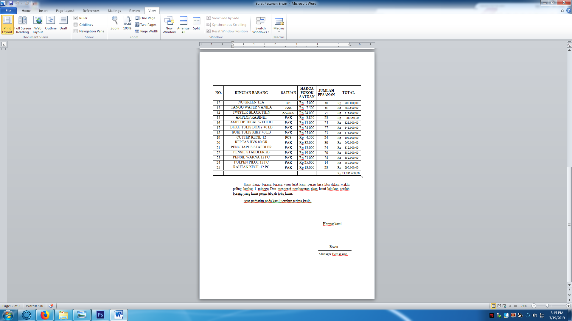 Contoh Surat Pesanan Perusahaan